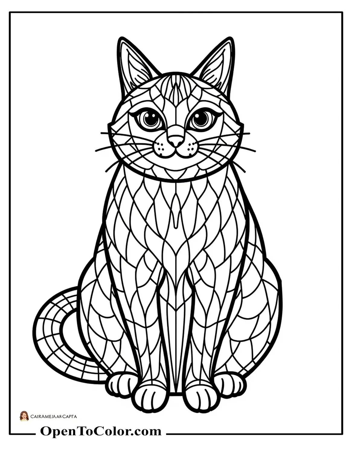 A stained-glass style cat coloring sheet covered with clear patterns and shapes, available as a PDF.