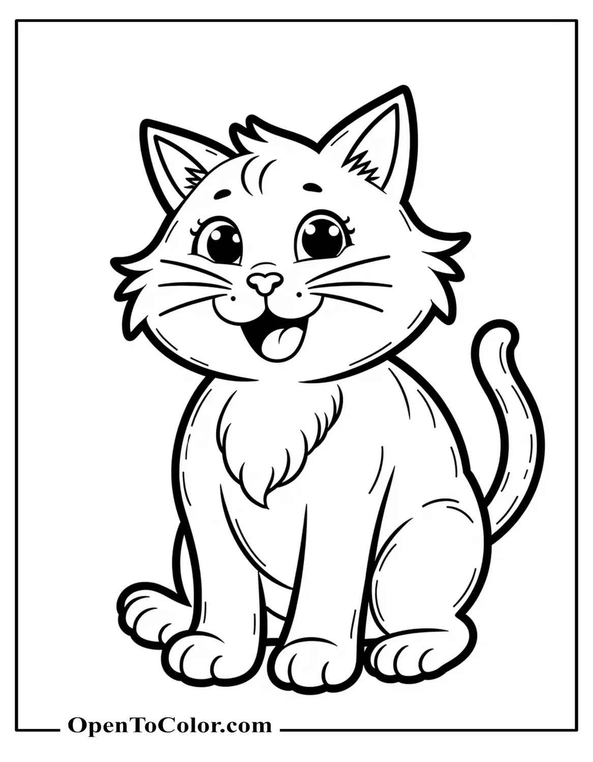 Printable Coloring Page of Happy Cat with Crayon and Paper for Kids