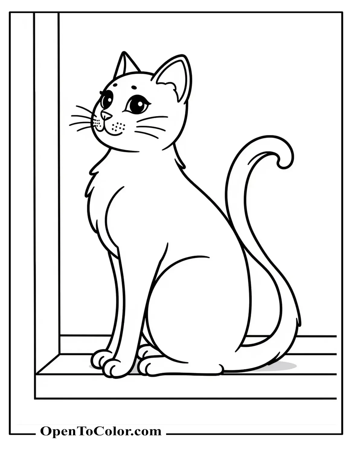 Coloring page PDF of a cat sitting on a windowsill with curled tail.