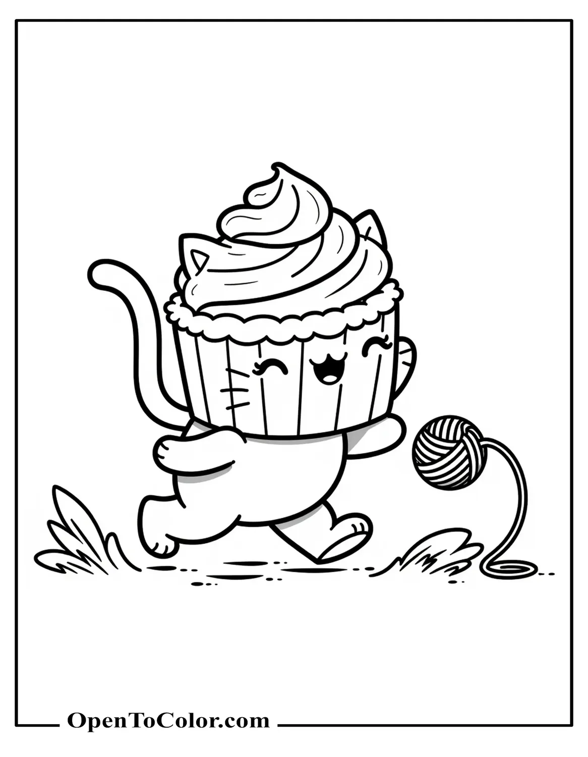 Cat-Shaped Cupcake Chasing A Rolling Yarn Ball Coloring Sheet PDF