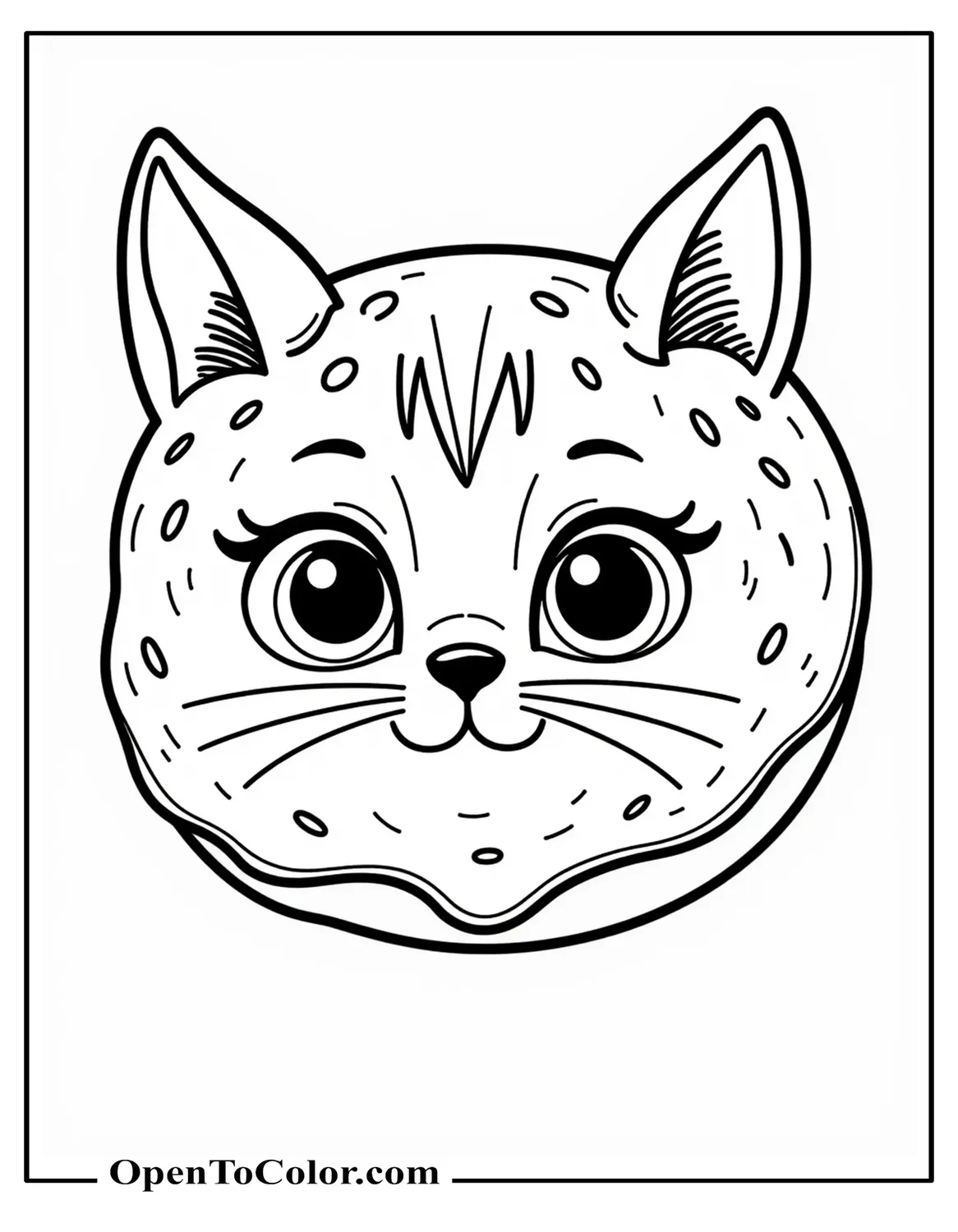 Printable Coloring Page of a Giant Frosted Donut with a Cat's Face and Ears