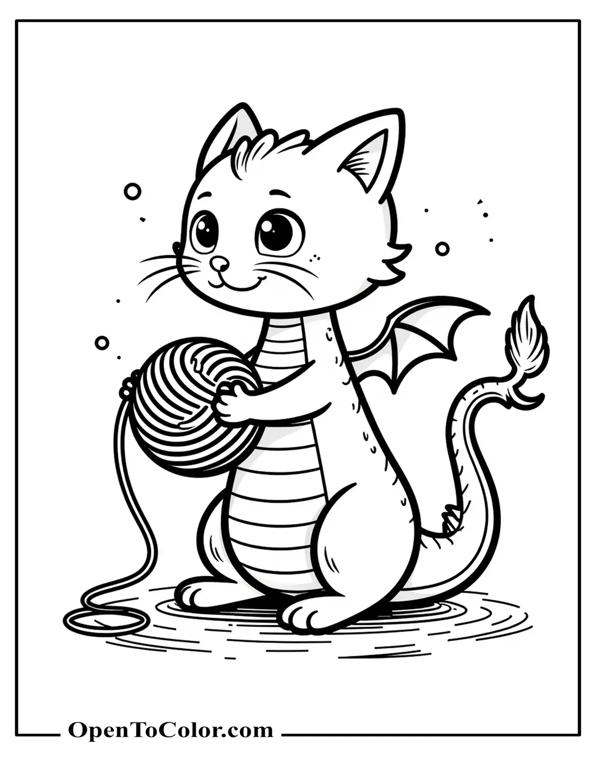Free Coloring Page of Dragon-Bodied Cat Playfully Batting Yarn Ball