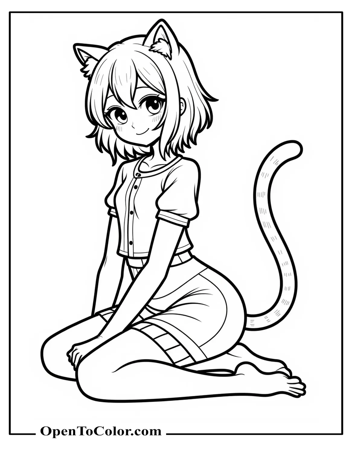 Girl with cat ears and cat tail sitting and smiling coloring sheet PDF