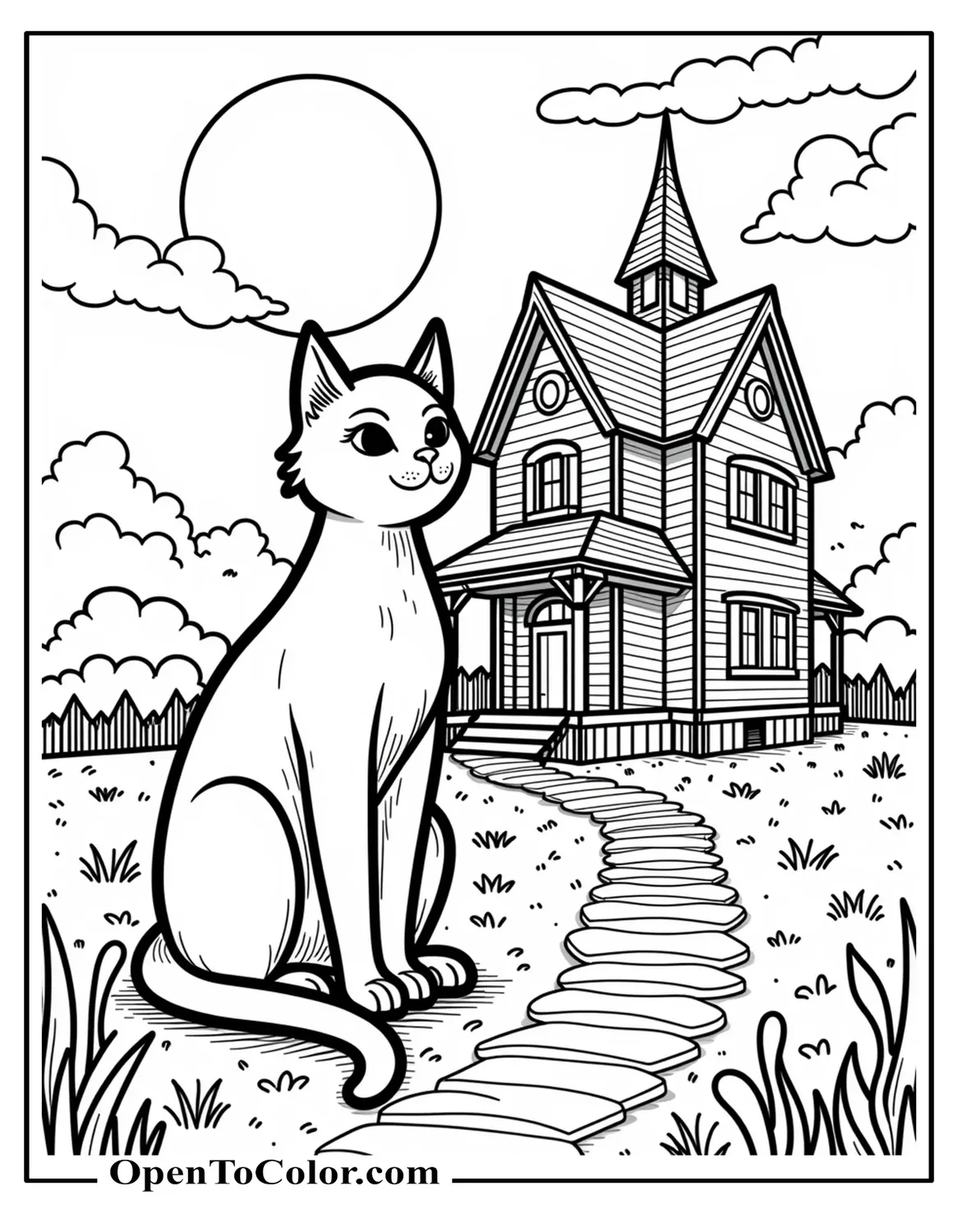 Black Cat Next To A Haunted House And Full Moon Coloring Page PDF