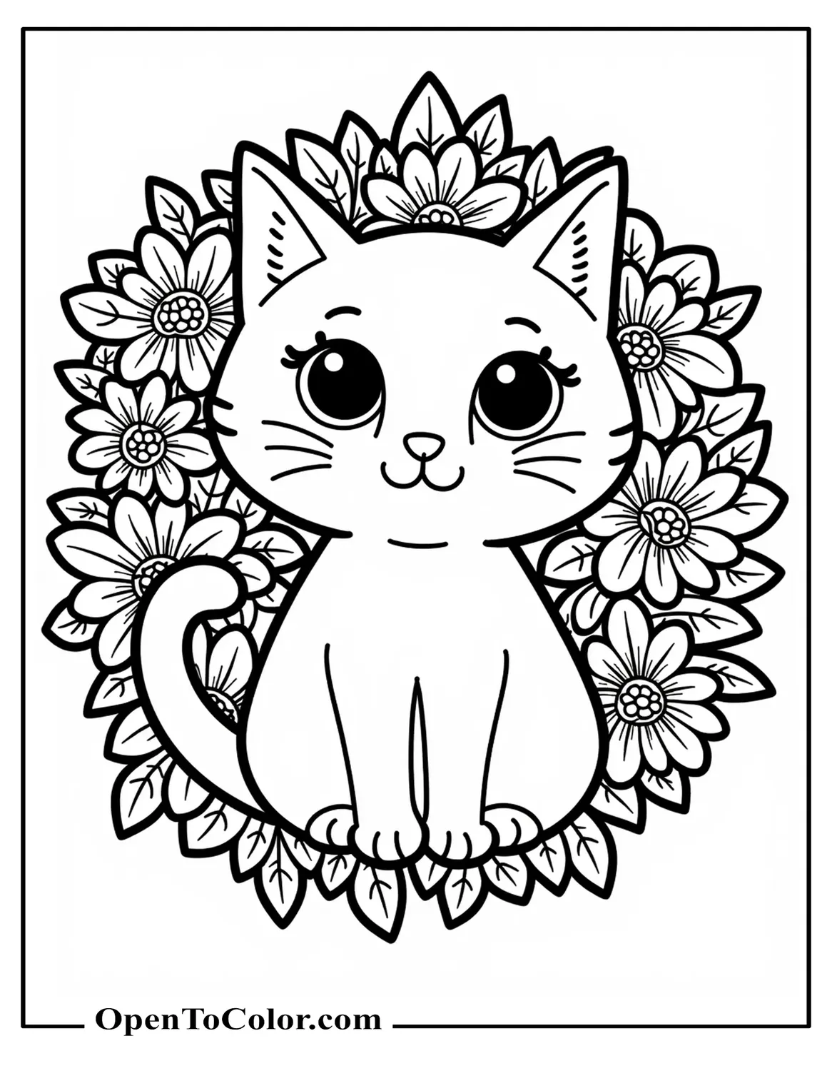 Printable Coloring Page of a Cat Surrounded by a Floral Mandala