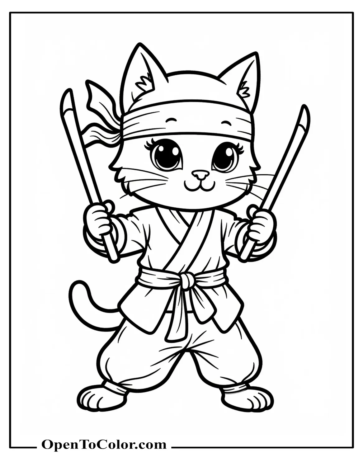 Free Coloring Page of Cartoon Cat Character Wearing Ninja Headband While Standing on Two Feet, Holding Nunchucks
