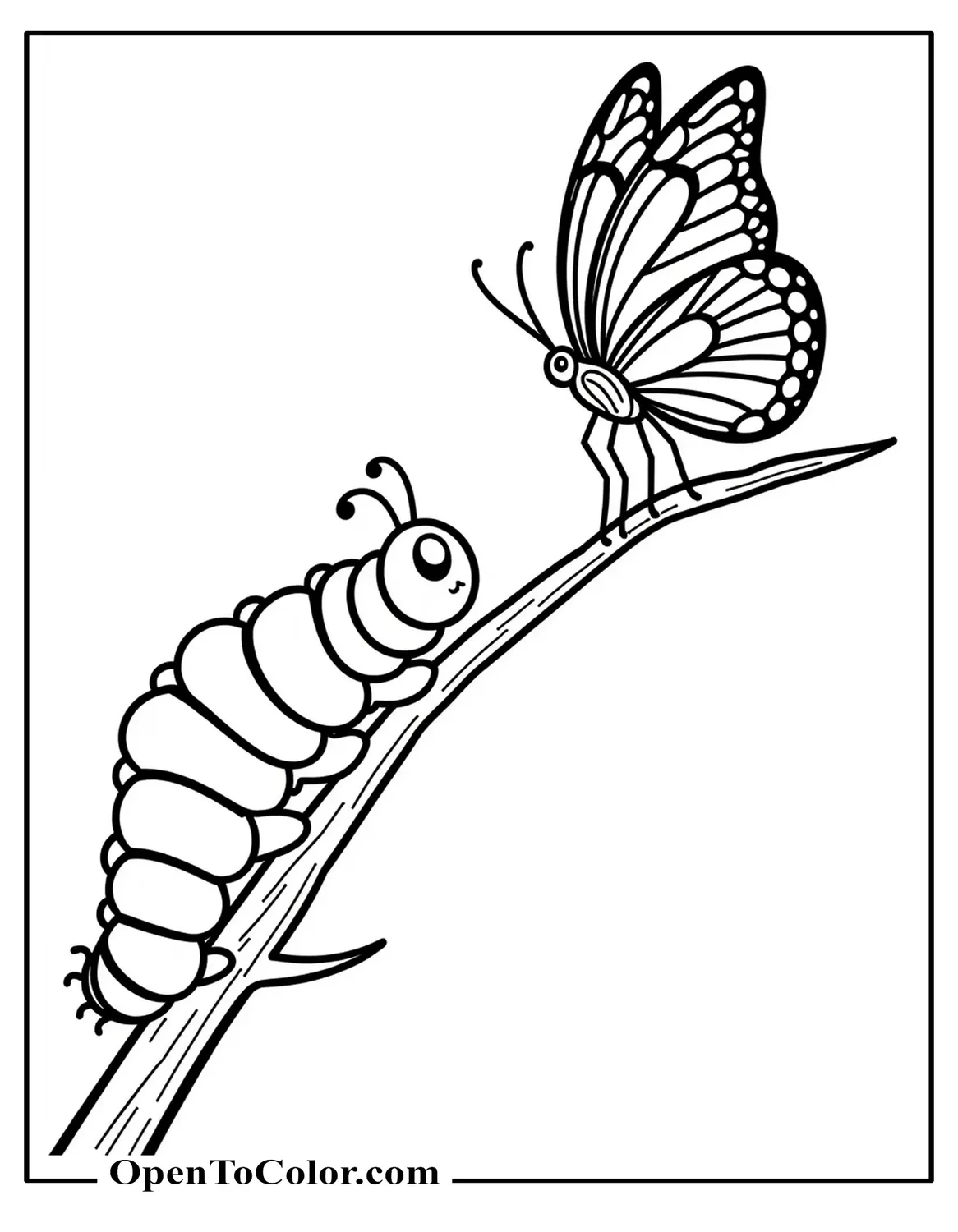 Free Coloring Sheet: Caterpillar Gazing Up at a Butterfly Perched on a Branch