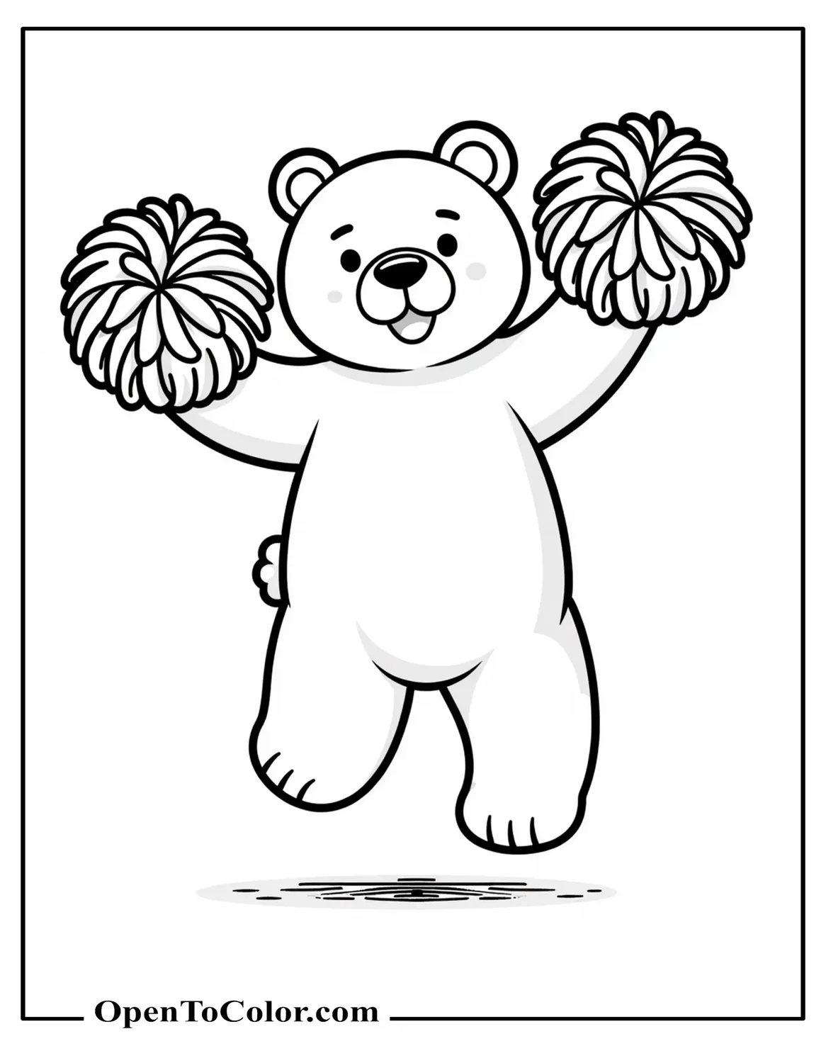 Printable coloring sheet of an energetic bear doing a cheer jump with a pom-pom in each paw.