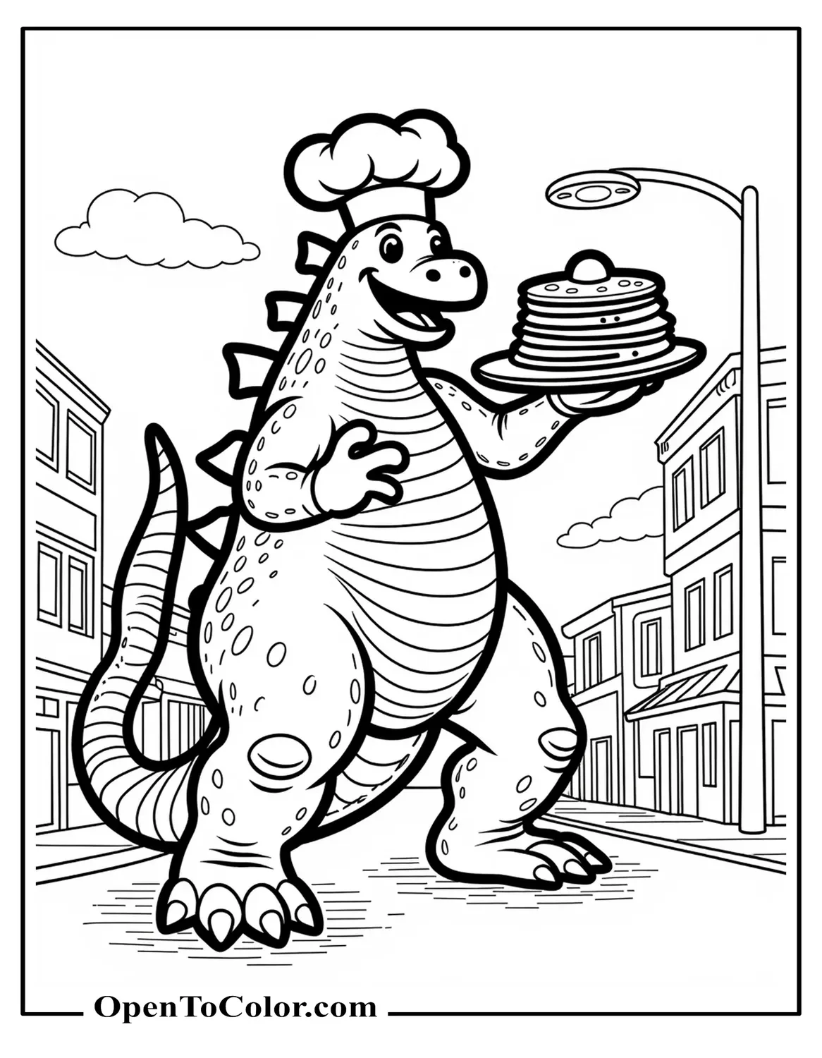 Free Cartoonish Godzilla Wearing a Chef Hat Flipping a Giant Pancake on the Street Coloring Page