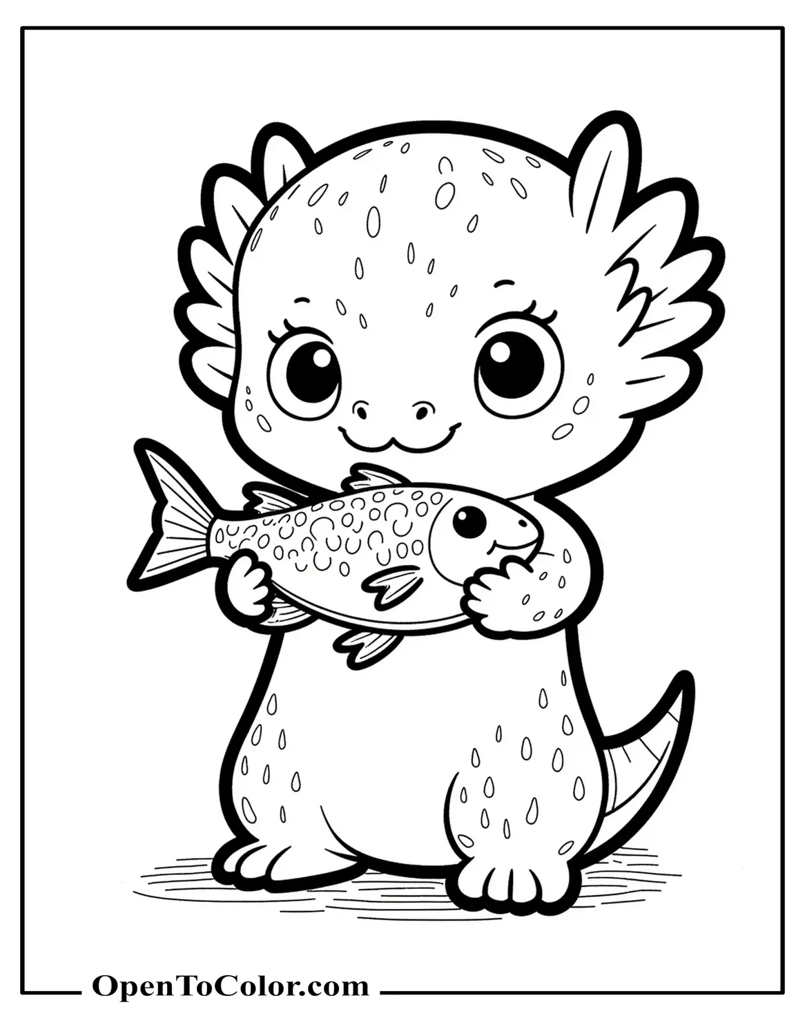 Free Coloring Page of Chibi Axolotl Holding a Plush Fish on Blank Background