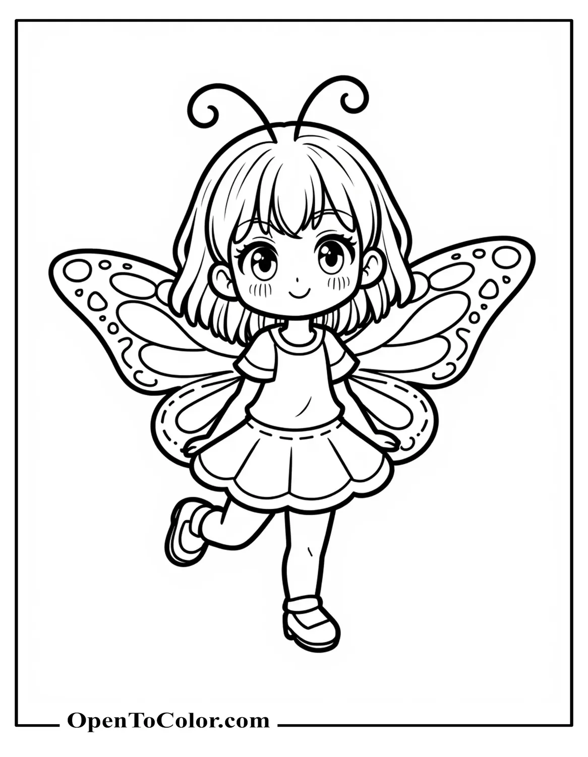Free Coloring Page of Chibi Girl Sporting Oversized Butterfly Wings