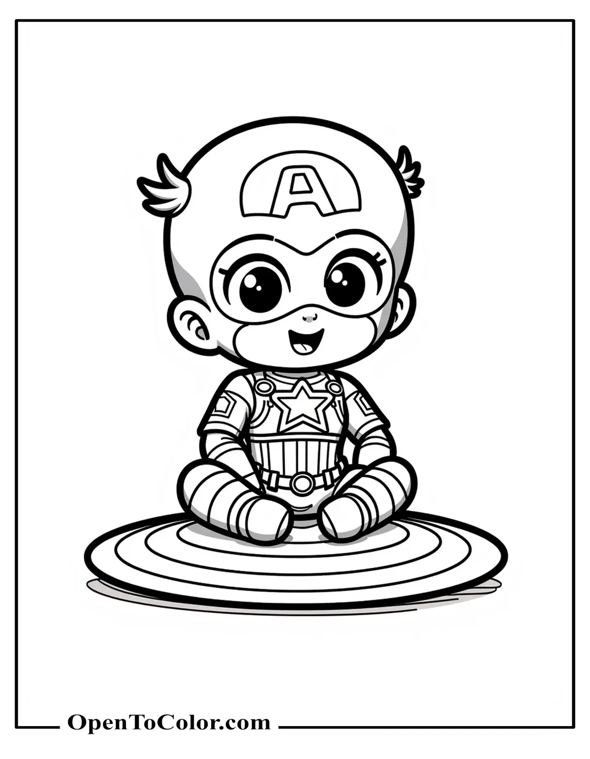 Chibi Captain America sitting on his shield, smiling widely, coloring sheet PDF.
