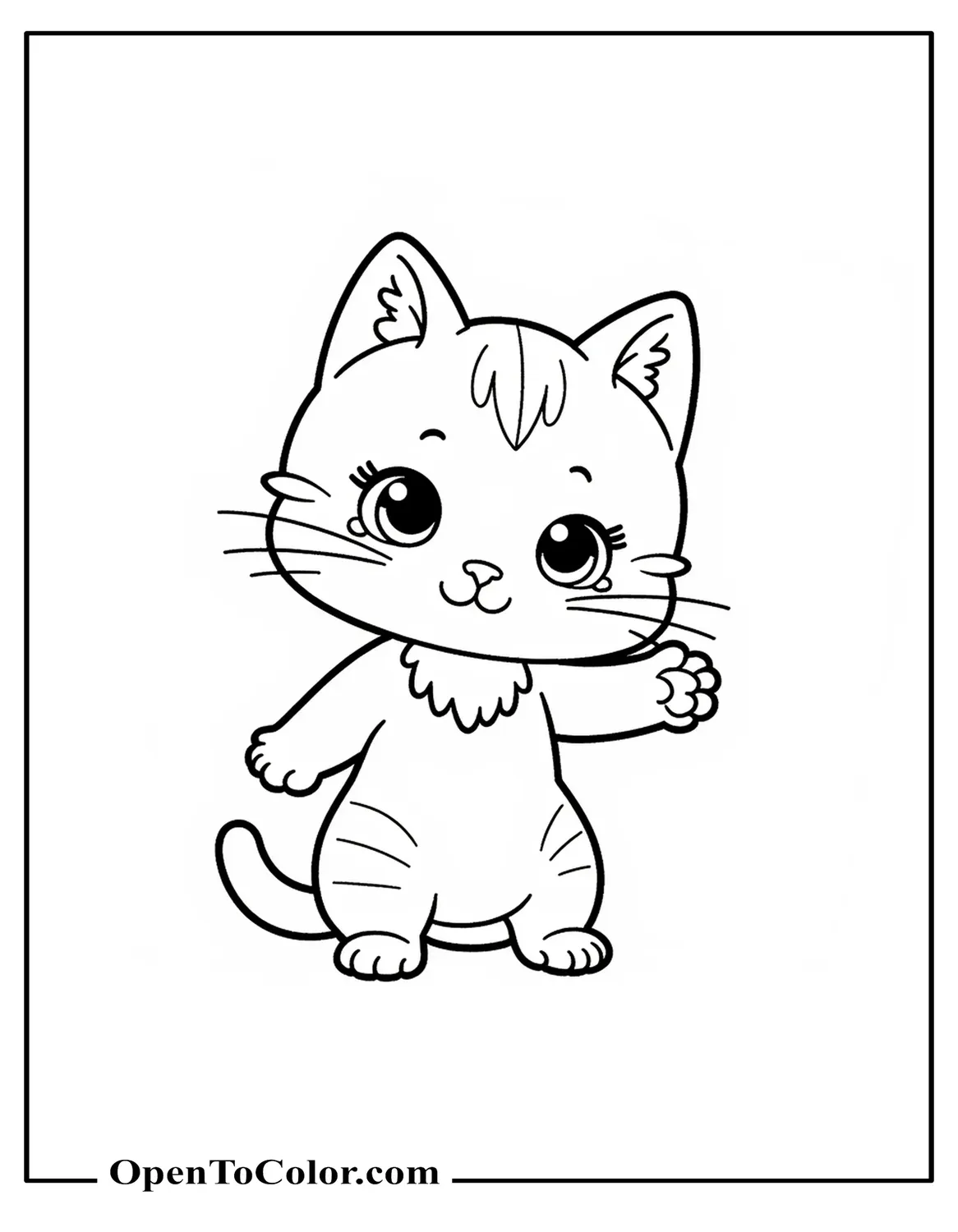 Chibi Cat Coloring Page PDF With Giant Head And Tiny Paws Waving (Chibi = Small, Cute, Simplified Character With Large Head)