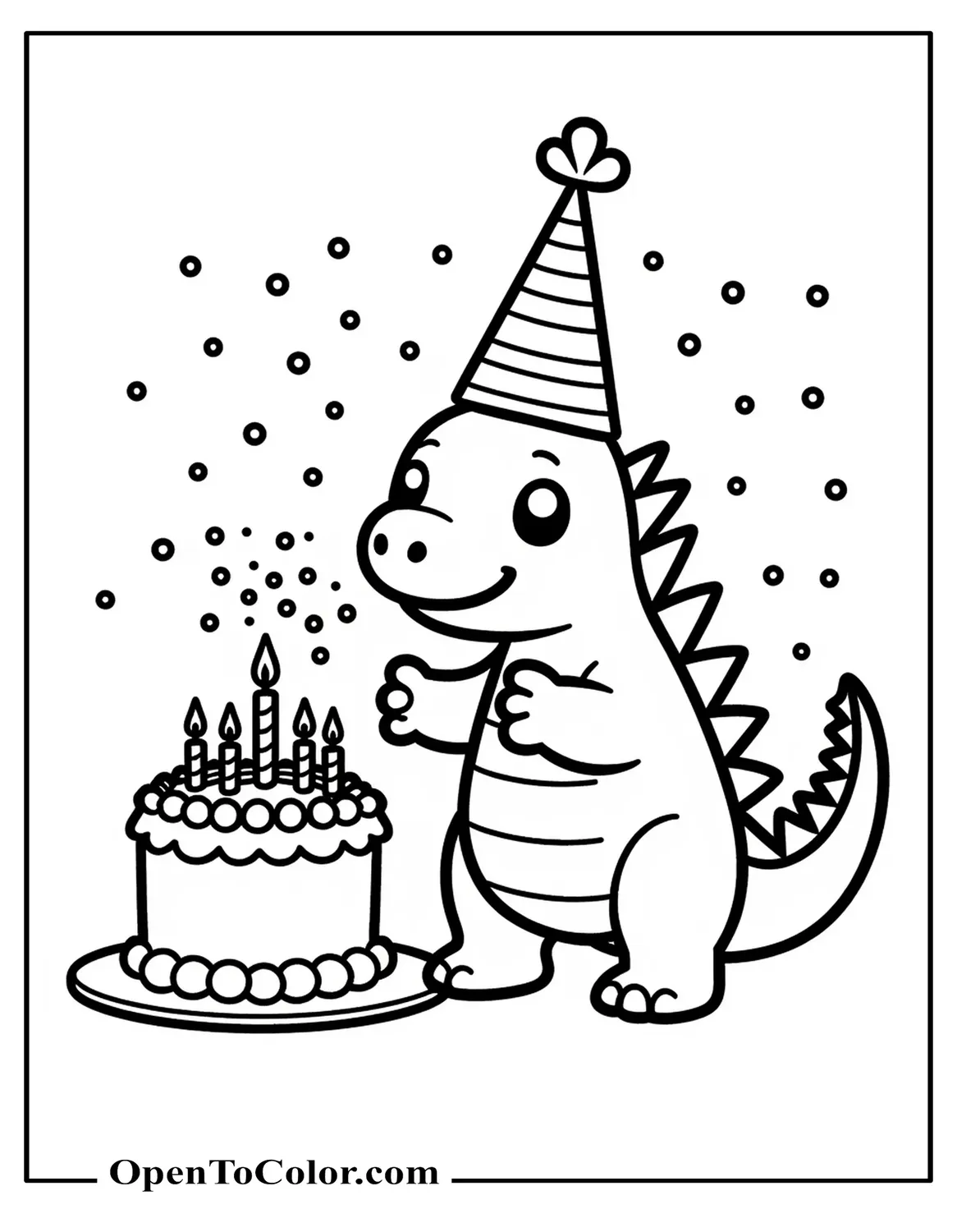 Chibi Godzilla wearing a party hat, blowing confetti at a birthday cake coloring sheet PDF.