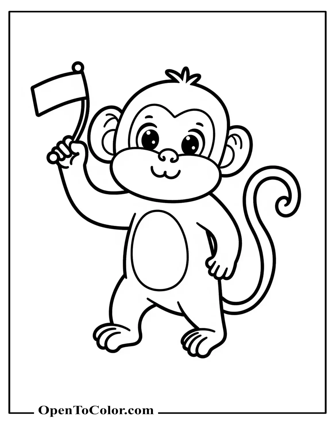 Chibi Monkey With Oversized Cheeks Waving Tiny Flag Coloring Page PDF