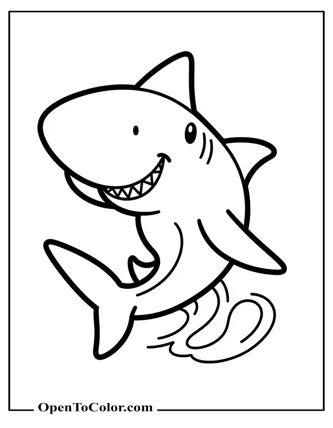 Chibi shark coloring sheet PDF with oversized head and short fins leaping upward