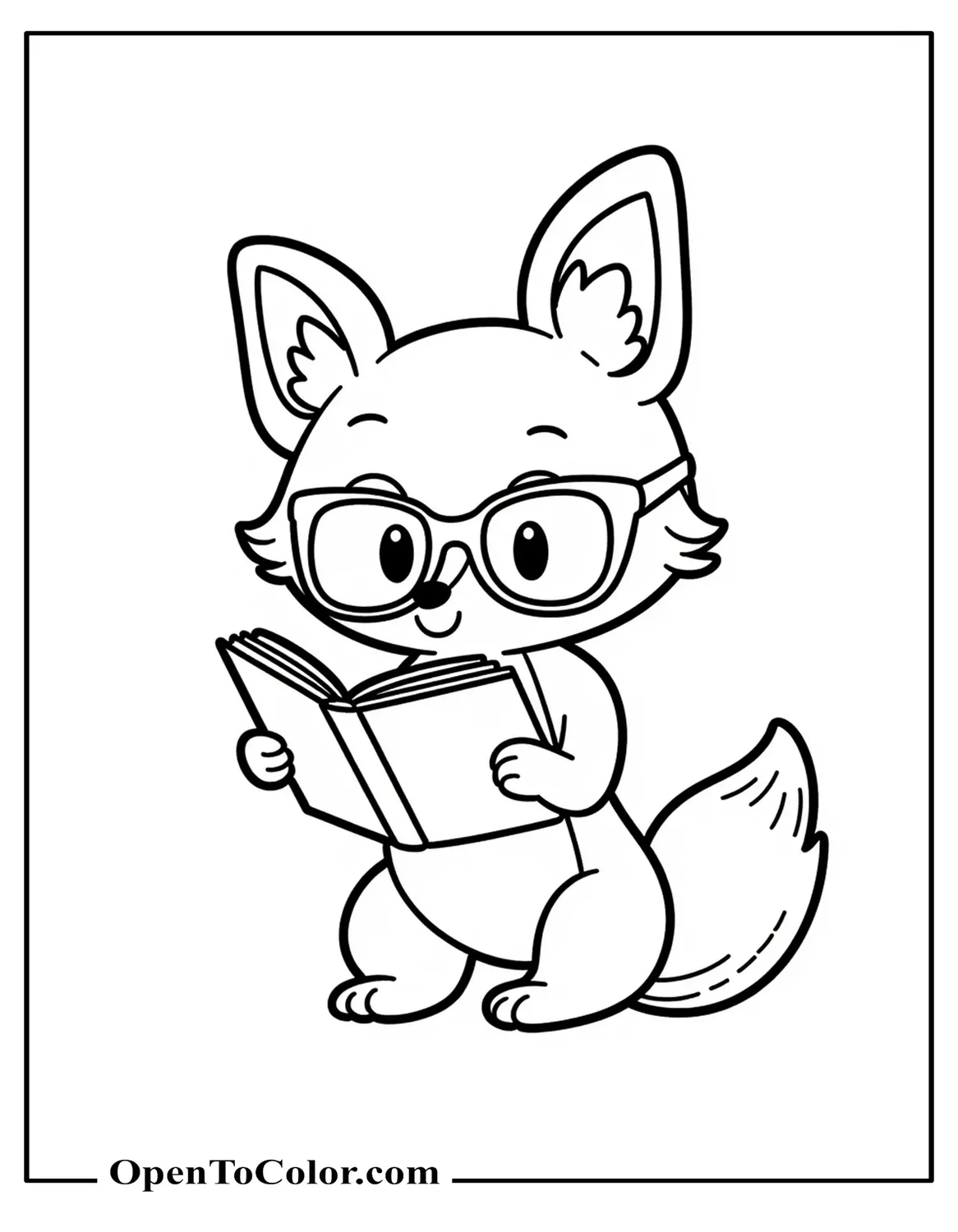Chibi Smart Fox Coloring Page PDF Wearing Glasses Reading a Book