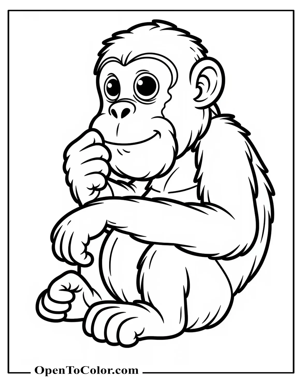 Realistic Chimpanzee Coloring Page PDF Sitting Contemplatively Hand on Chin