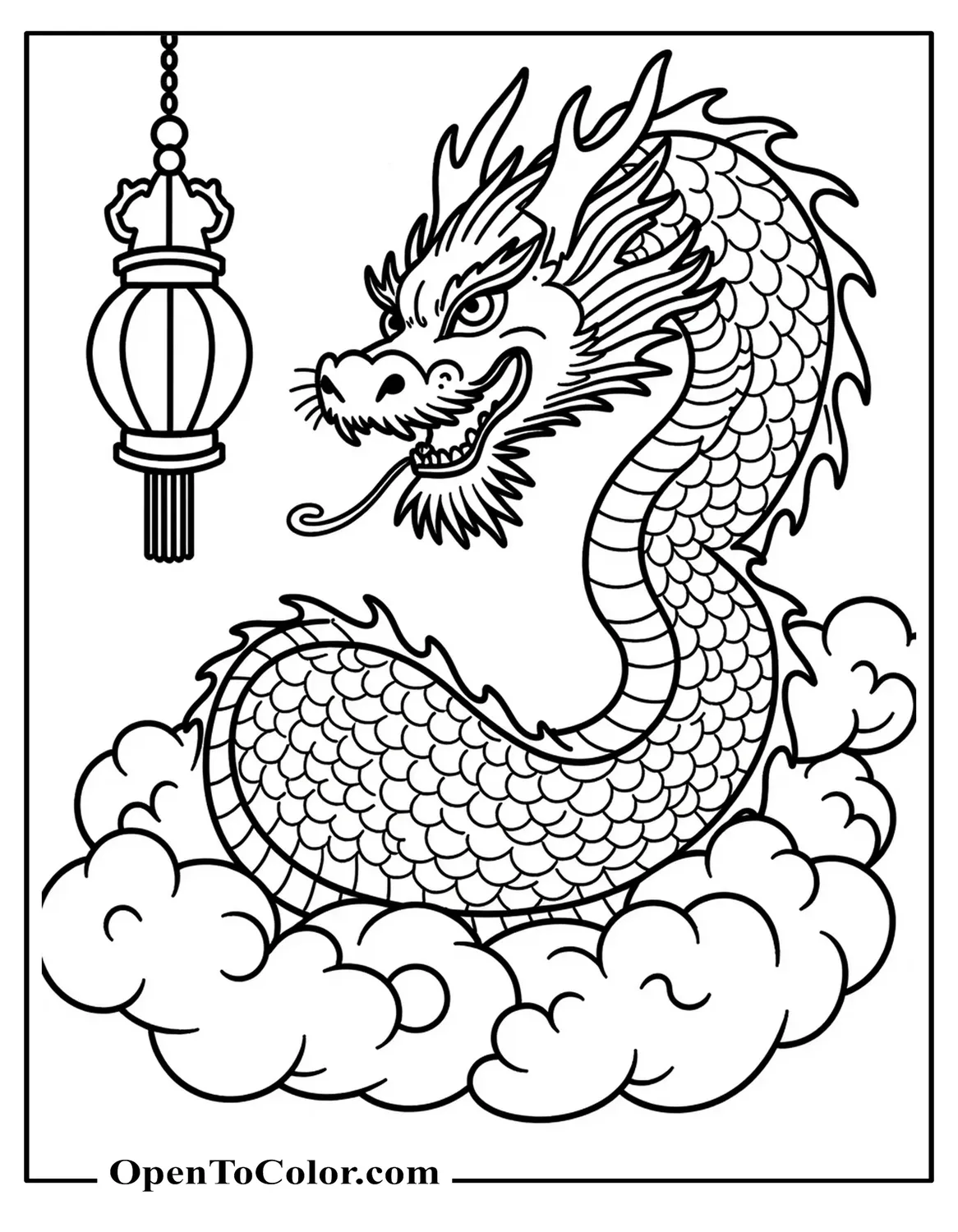 Printable Coloring Page of Chinese Dragon Weaving Through Clouds With a Lantern