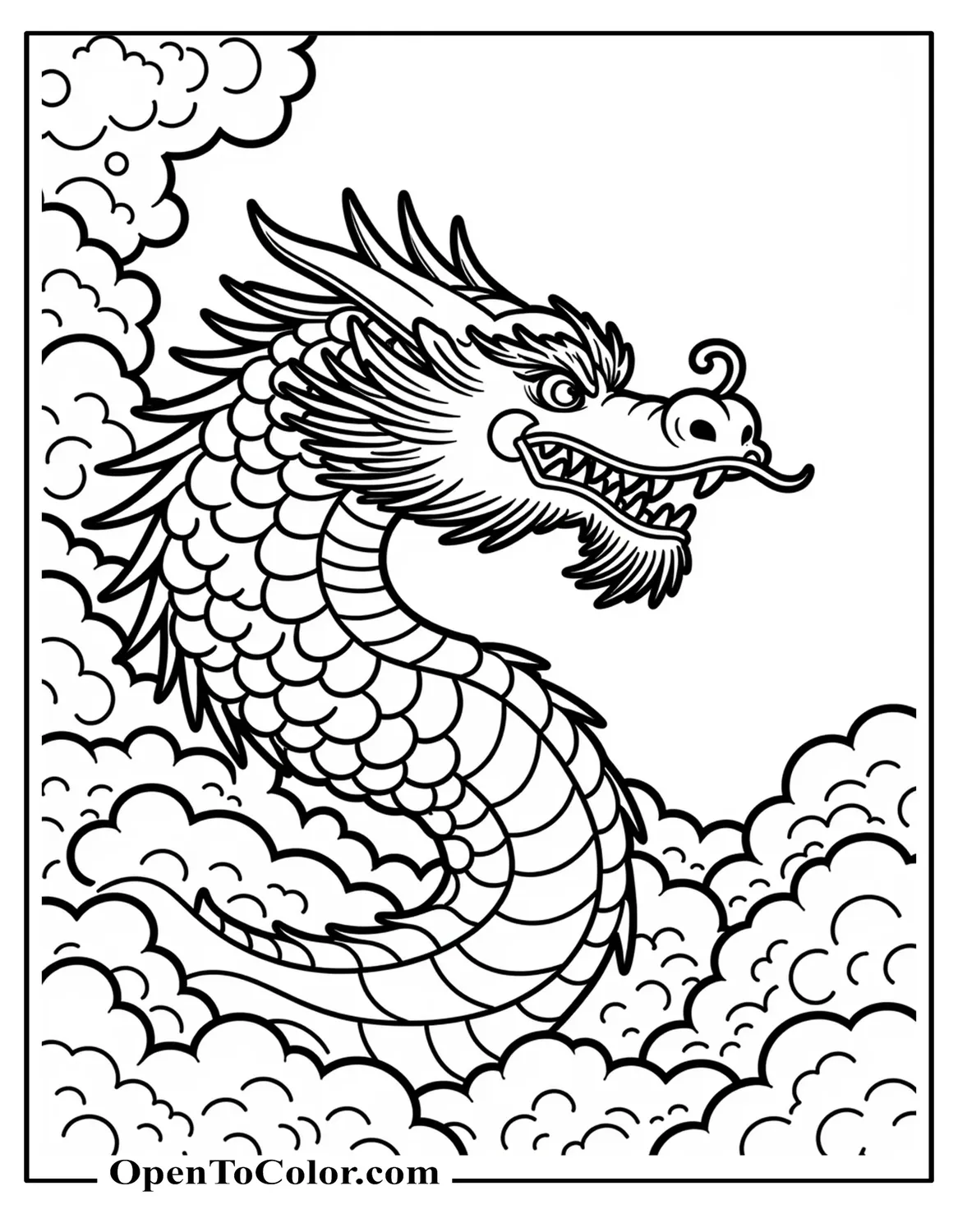 Chinese Dragon Head Bursting From Swirling Clouds Coloring Sheet PDF
