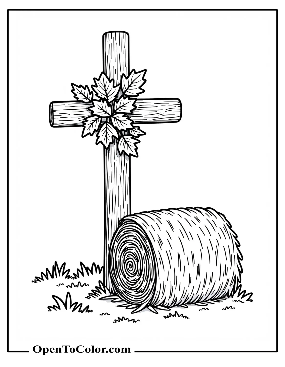 Printable Coloring Page of a Wooden Cross Adorned With Autumn Leaves Leaning Against a Hay Bale
