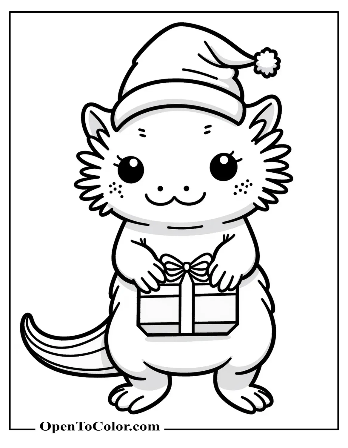 Free Coloring Page of Axolotl Wearing a Santa Hat and Wrapping a Gift