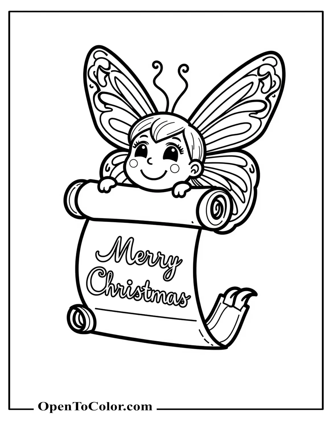 Free Coloring Page of a Butterfly Holding a Scroll That Reads Merry Christmas