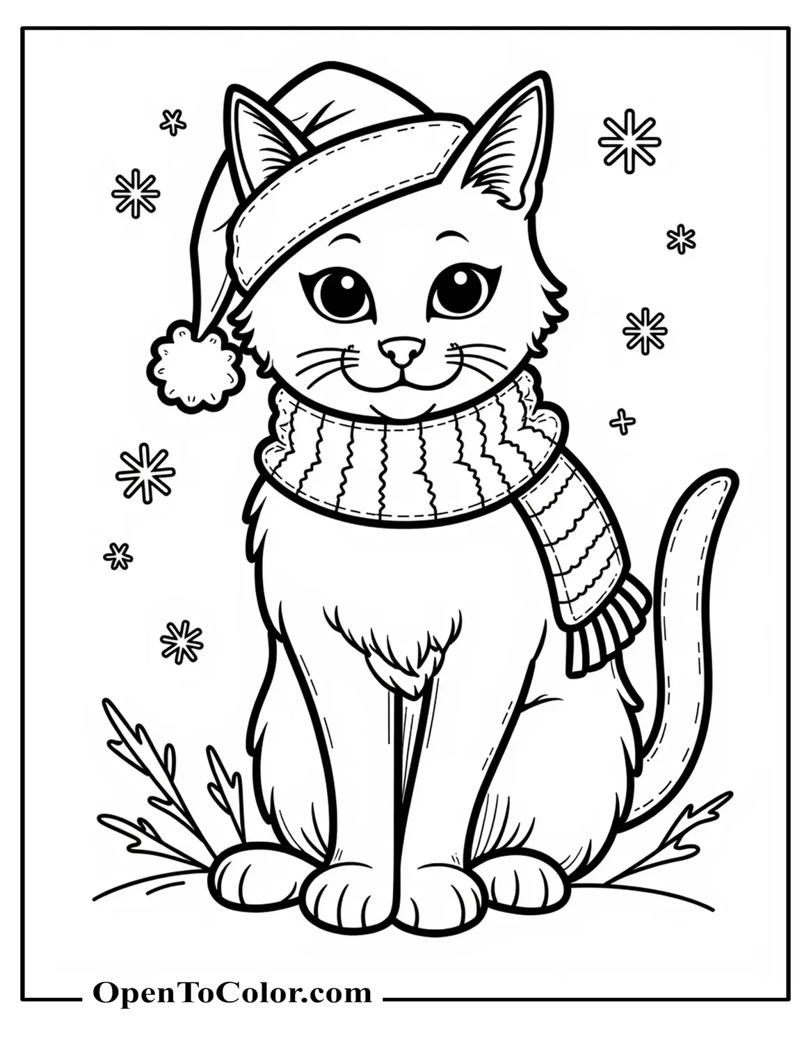 Coloring page PDF of cat wearing Santa hat and scarf with snowflakes.
