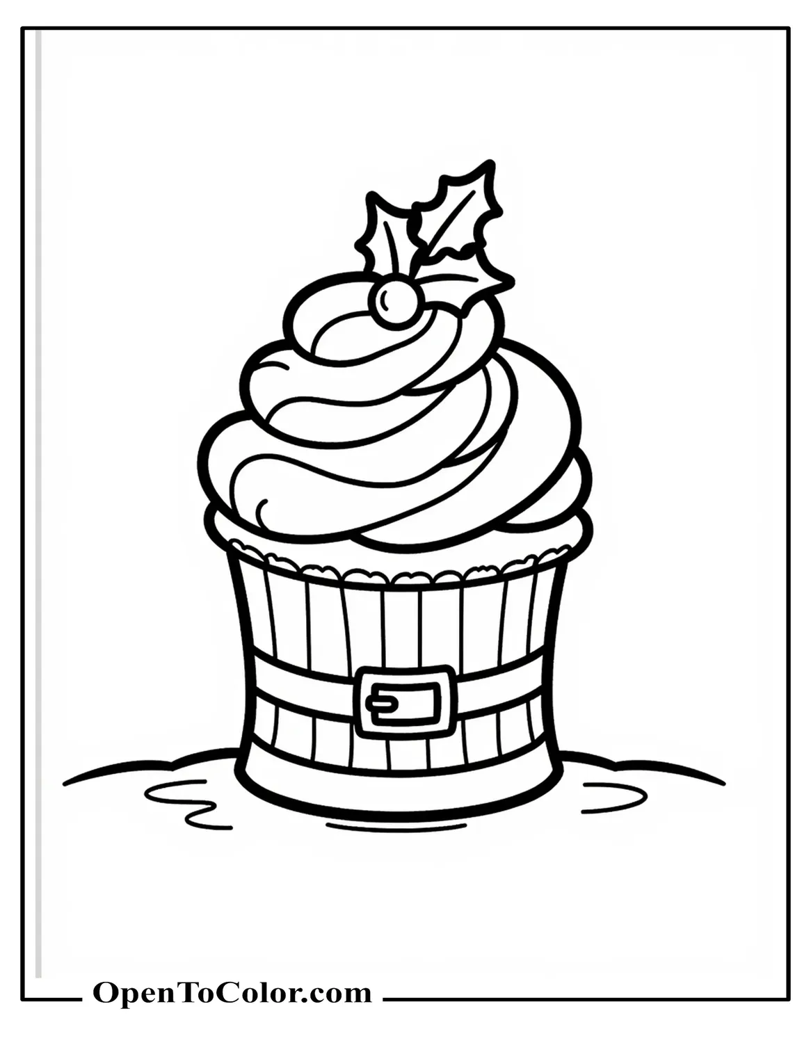 Christmas cupcake with Santa-belt wrapper and holly on top, printable coloring sheet.