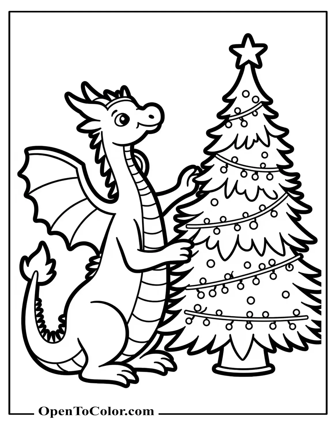 Printable Coloring Page of Dragon Decorating Evergreen Tree with Tail Wrapped Lights