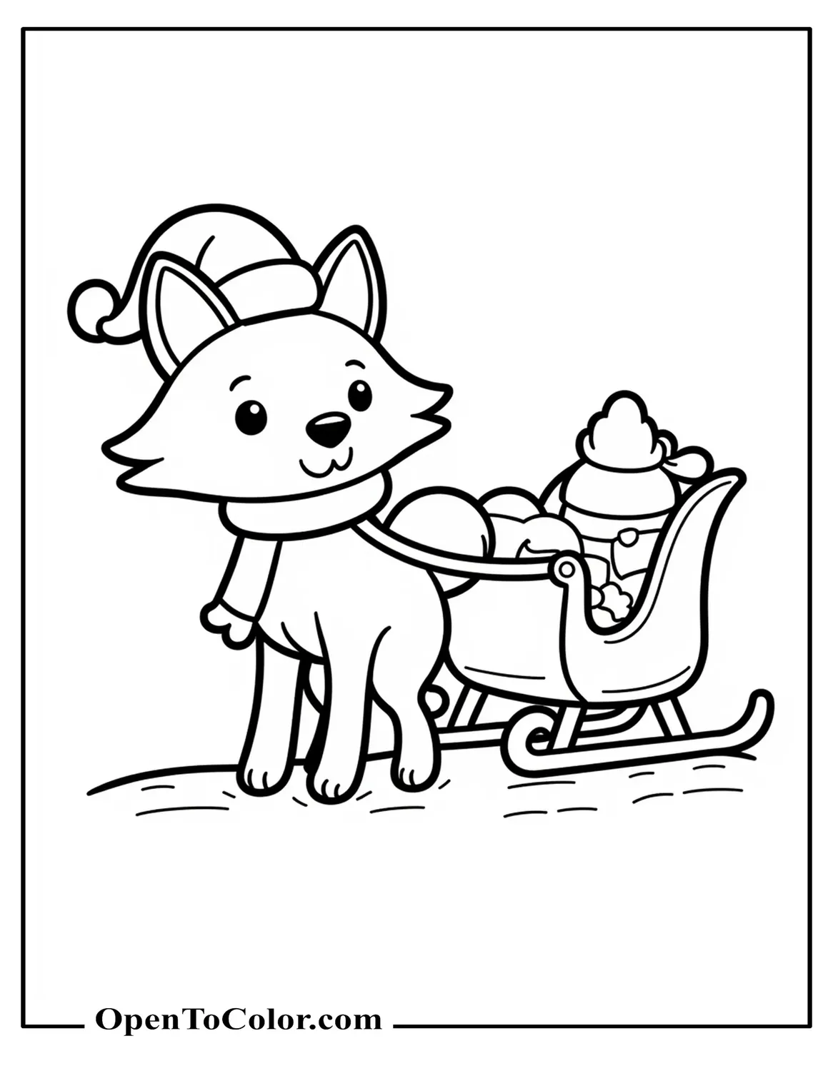 Free Coloring Sheet of Fox Wearing a Santa Hat Pulling a Small Sleigh