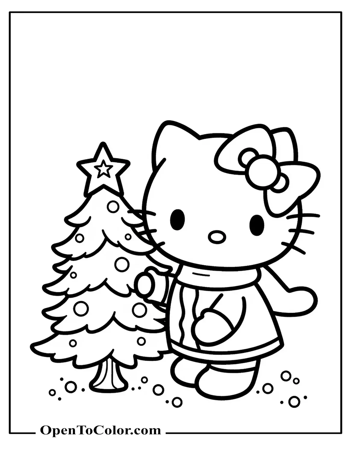 Hello Kitty placing a star on Christmas tree coloring sheet PDF
