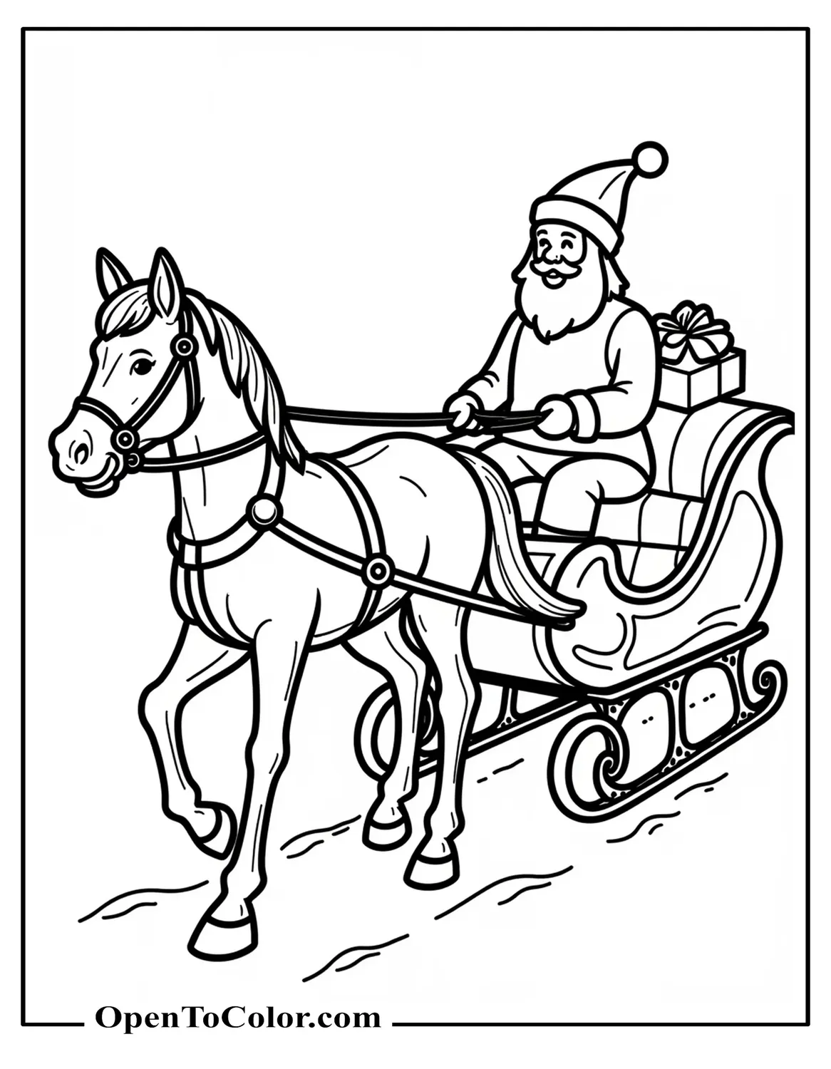 Free Coloring Page of Horse Pulling Sleigh with Jingle Bells and Santa