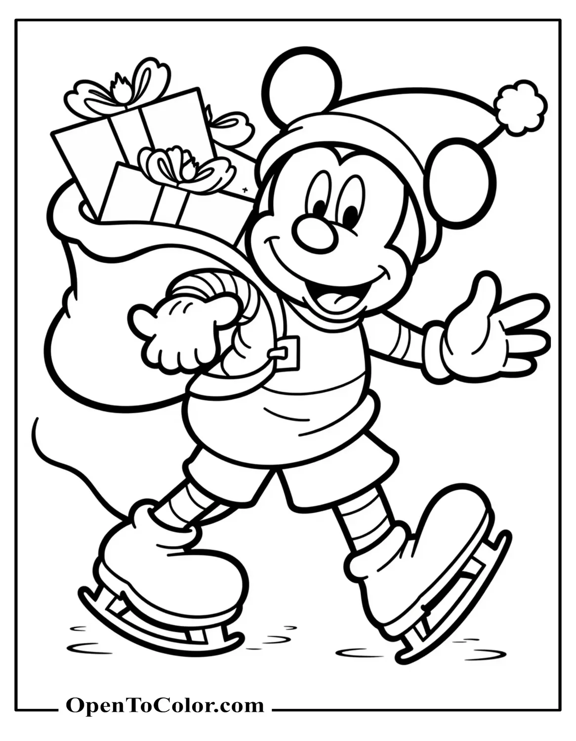 Mickey Mouse with Santa's hat, ice-skating with a sack of presents over shoulder, joyful holiday scene, printable coloring sheet.