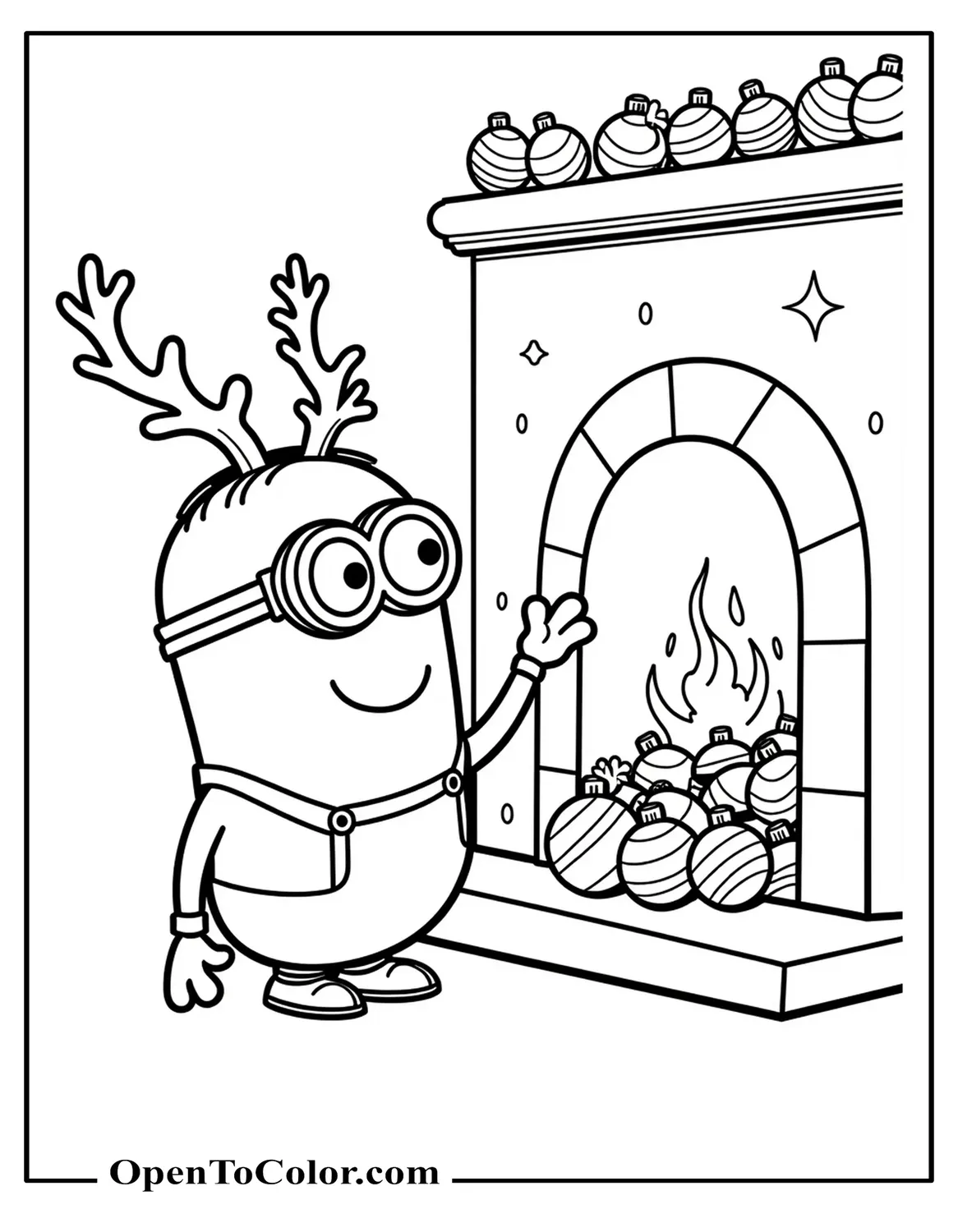 Festive Minion Coloring Sheet PDF Wearing Reindeer Antlers Stacking Ornaments Beside Fireplace