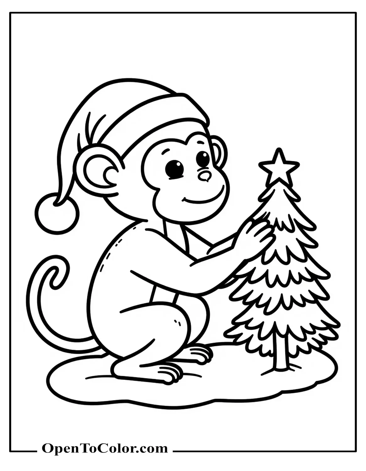 Christmas Monkey Wearing Santa Hat Decorating Mini Pine Tree Coloring Sheet PDF