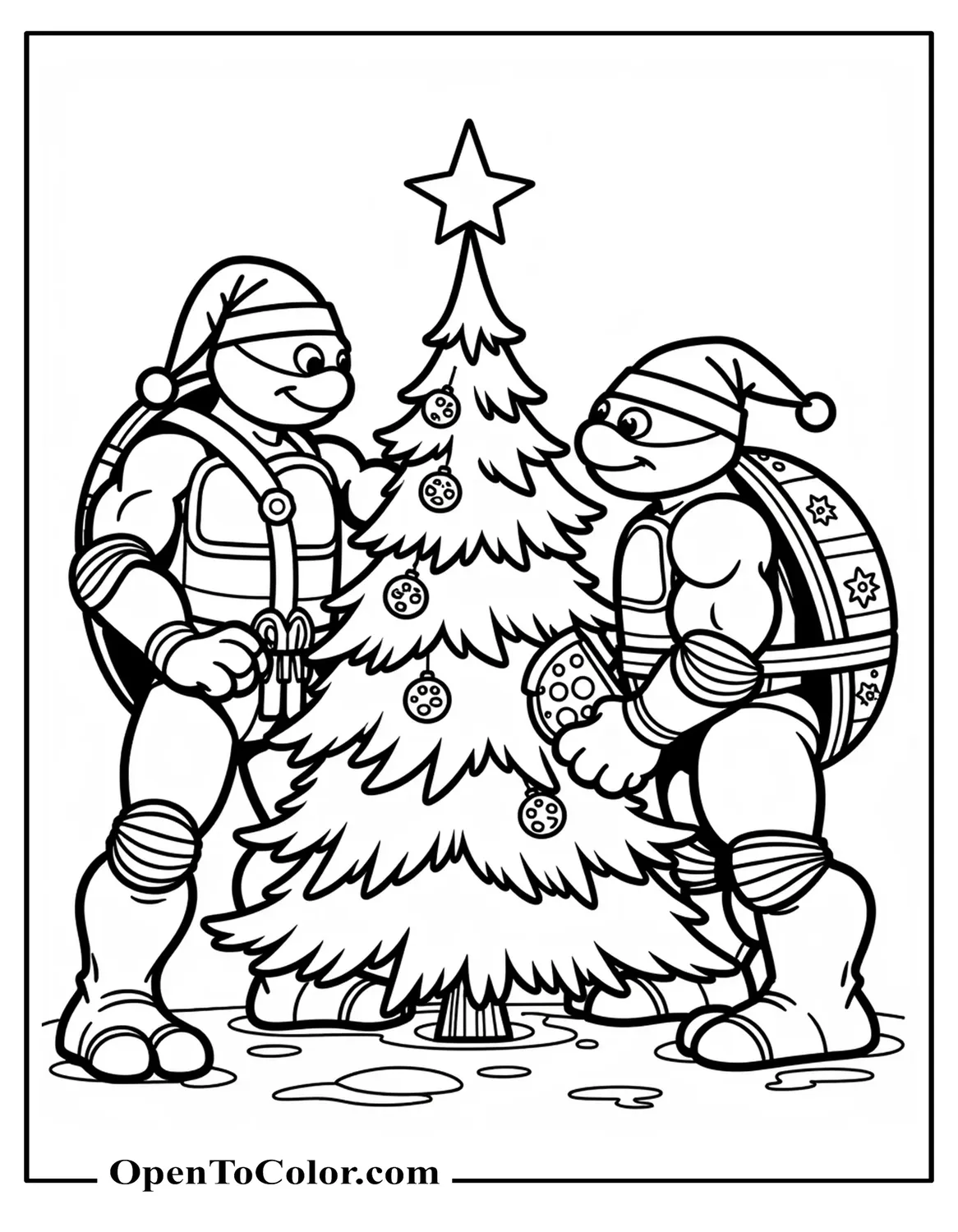 Christmas Ninja Turtles Raphael and Leonardo in Santa hats decorating tree with pizza ornaments coloring sheet PDF