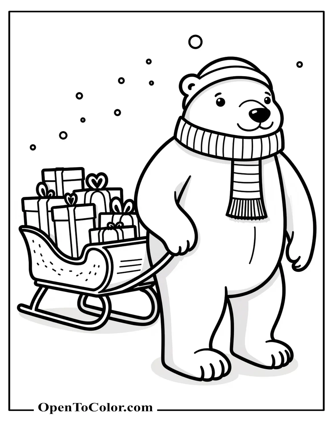 Printable Coloring Page of Polar Bear Wearing Striped Scarf Pulling a Sled of Gifts
