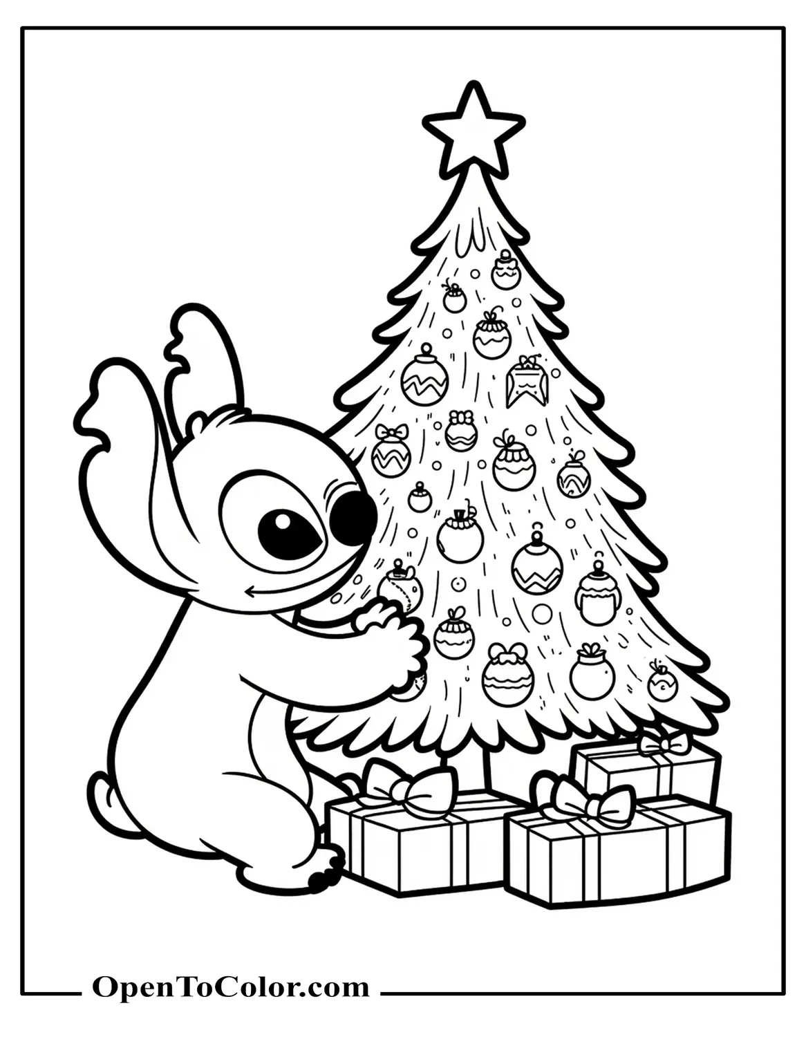 Free Coloring Page of Stitch Decorating a Christmas Tree with Ornaments