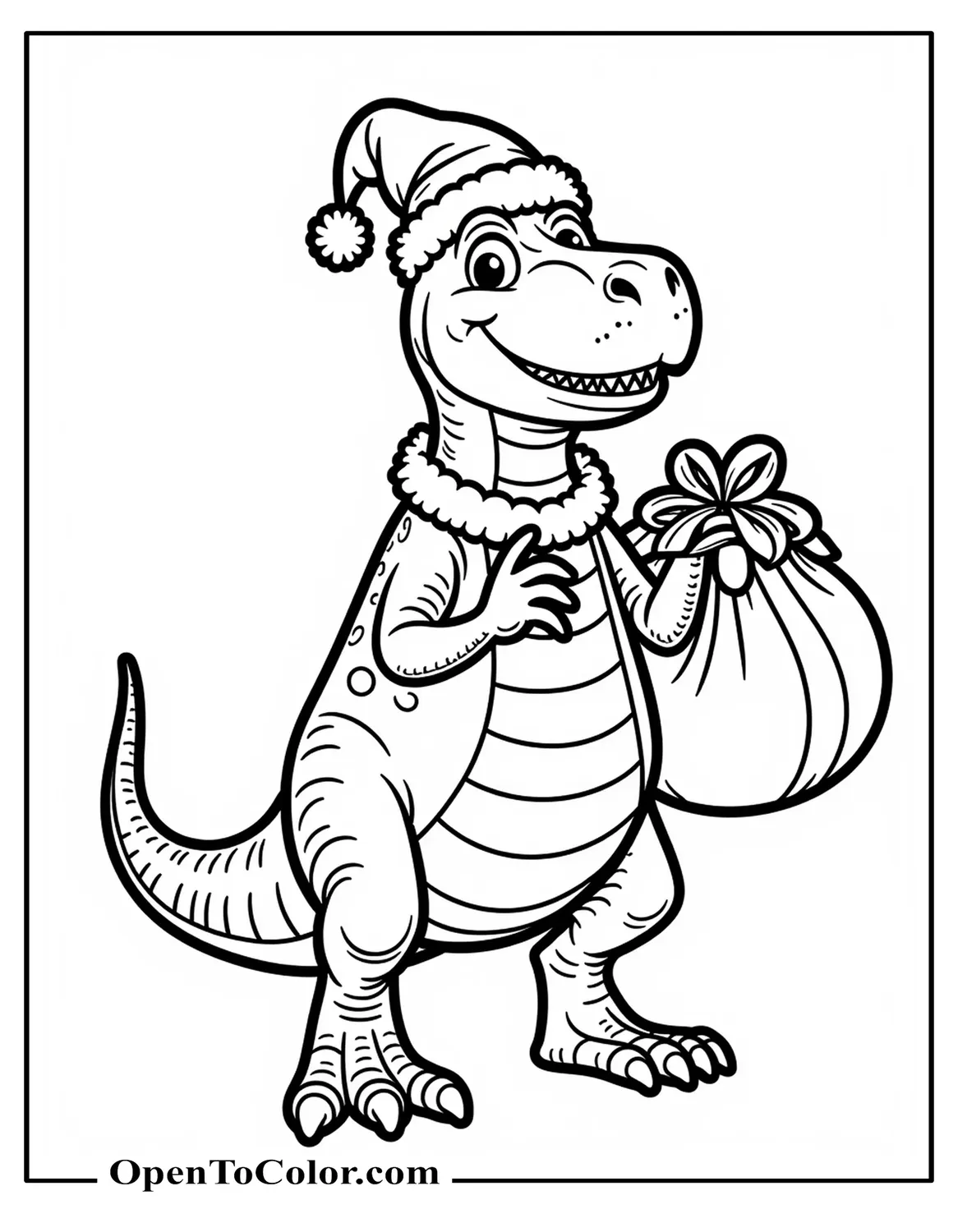 Christmas T-Rex in Santa hat carrying gift sack coloring page PDF