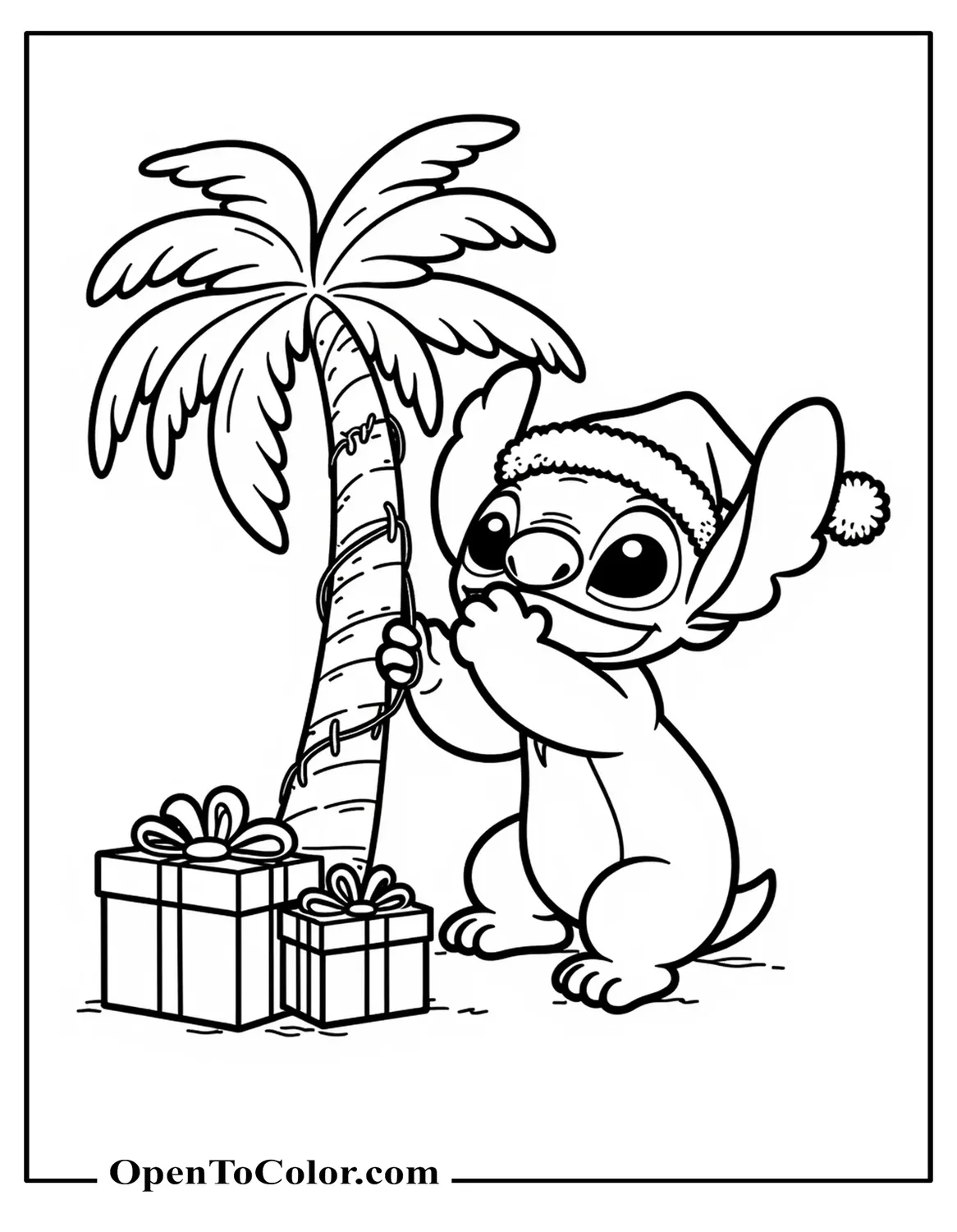 Stitch wearing a Santa hat and stringing lights around a palm tree with gift boxes at the base, printable coloring sheet.