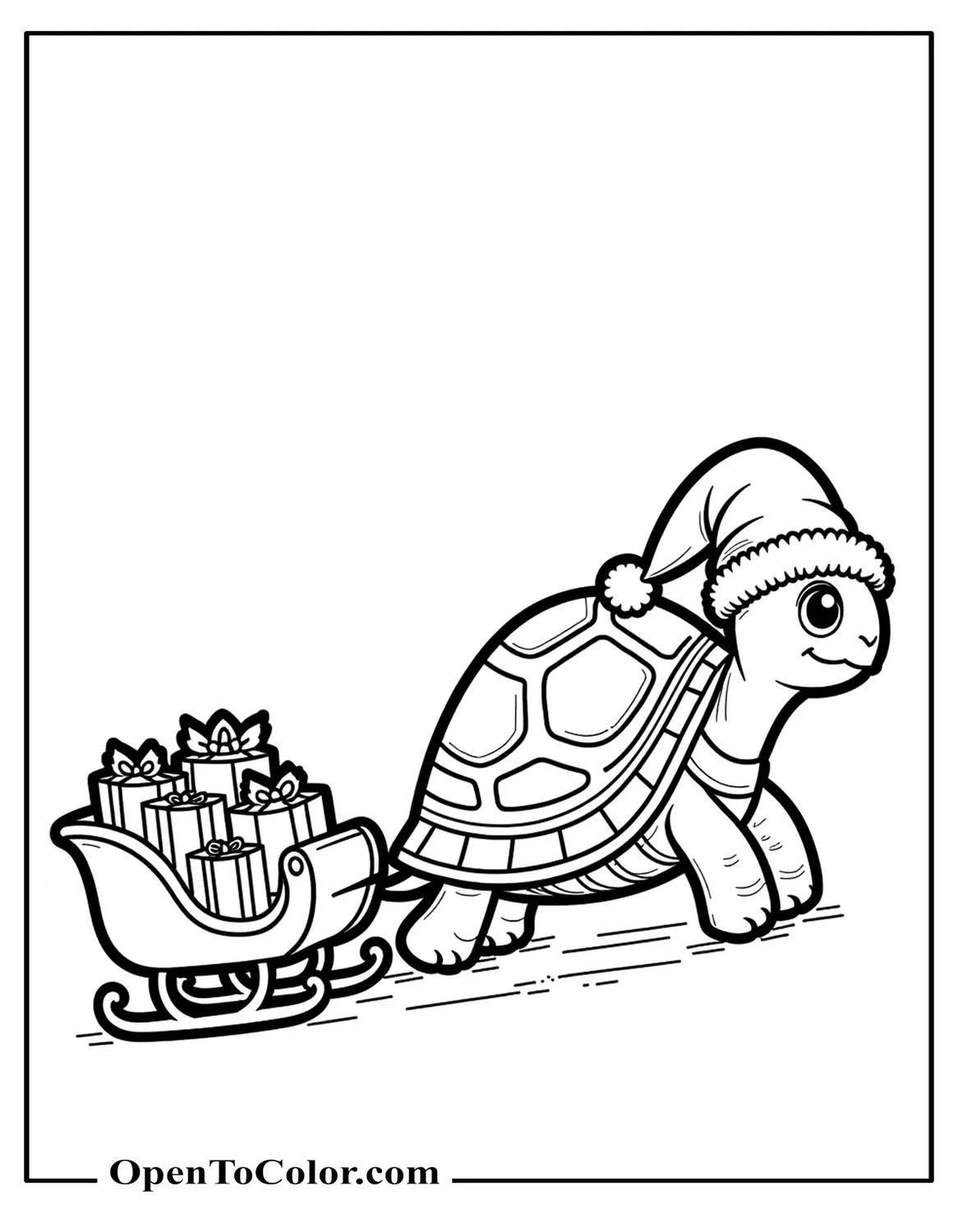 Free Coloring Page of a Turtle in a Santa Hat Pulling a Small Sleigh Filled with Wrapped Gifts