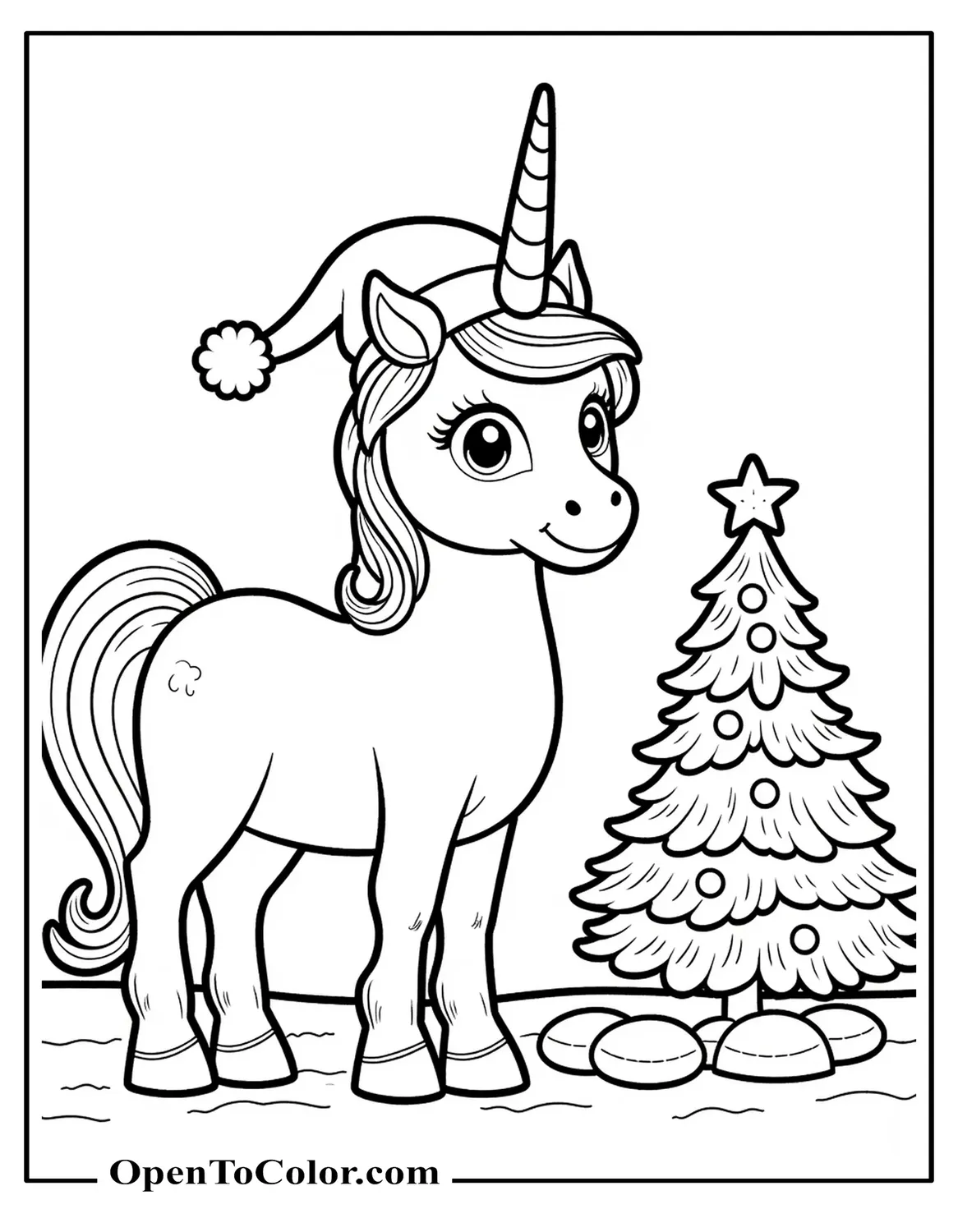 Printable Coloring Page of a Unicorn Wearing Santa Hat Beside a Christmas Tree