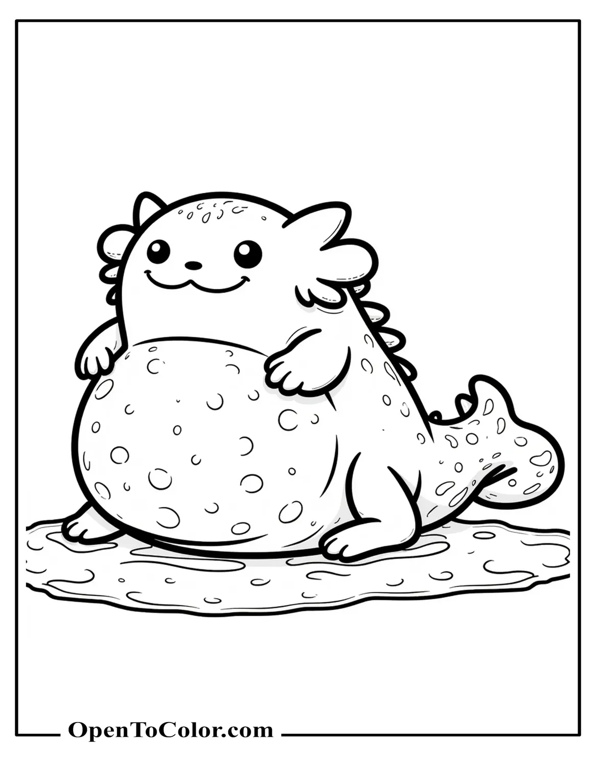 Printable Coloring Sheet of a Chubby Axolotl Lounging With a Round Belly