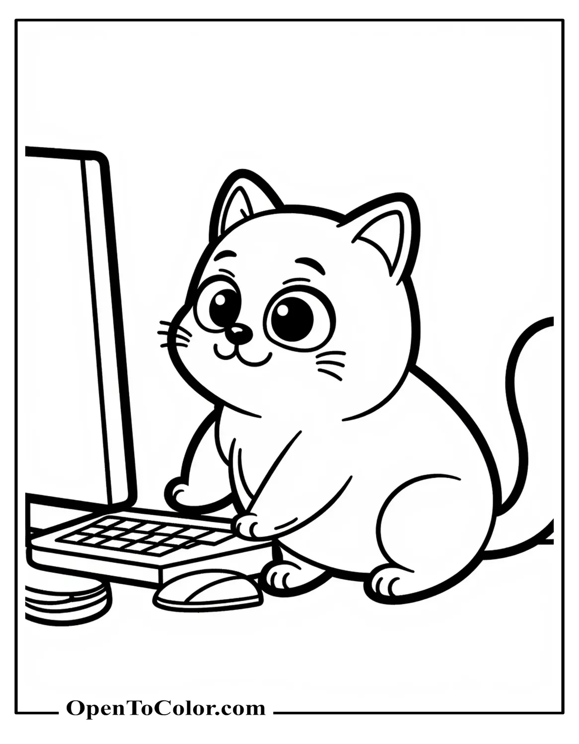 Cartoonish chubby cat coloring page printable sitting with cheeks puffed out