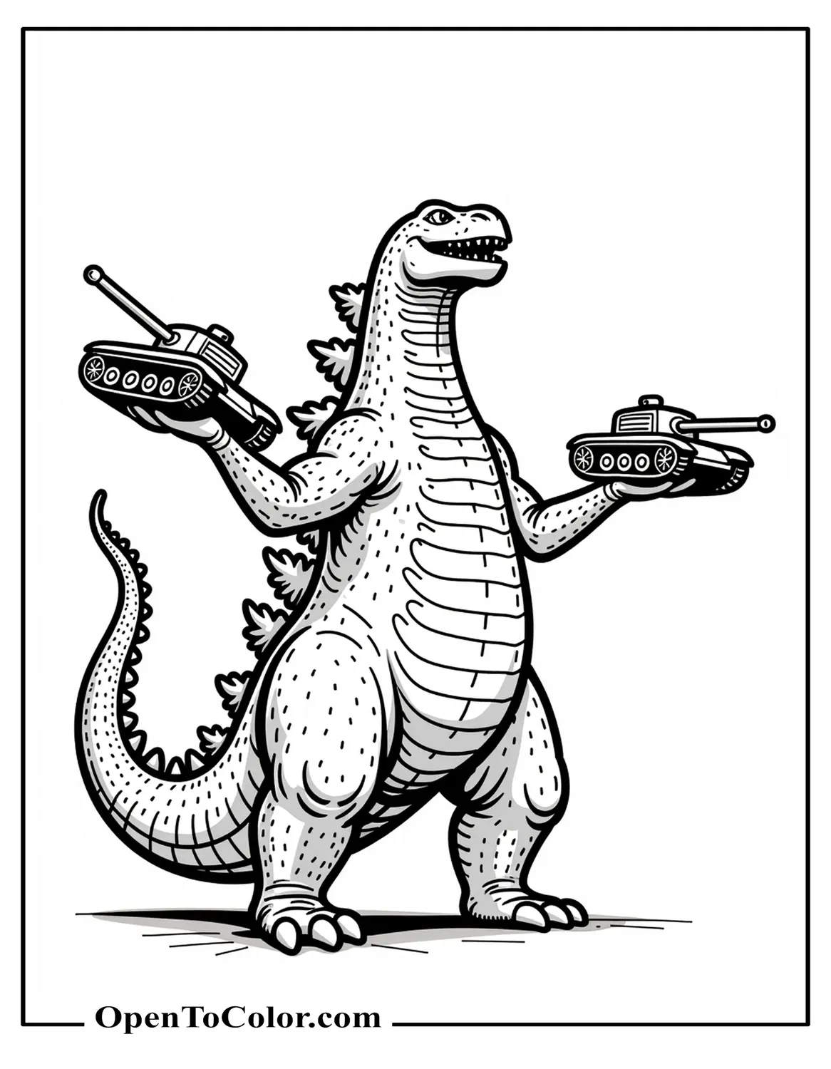 Coloring page PDF of Godzilla juggling two tiny tanks in a clown-style performance.
