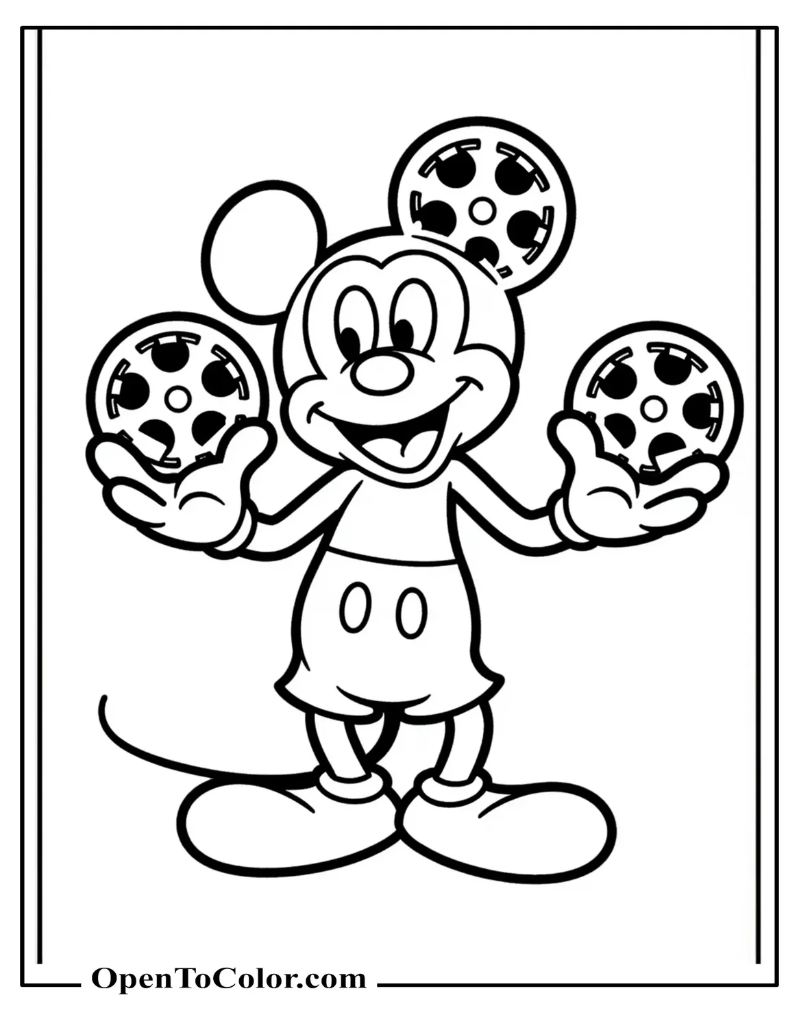 Mickey Mouse Coloring Page PDF, Juggling Three Film Reels, Homage to 1928 Classic Look