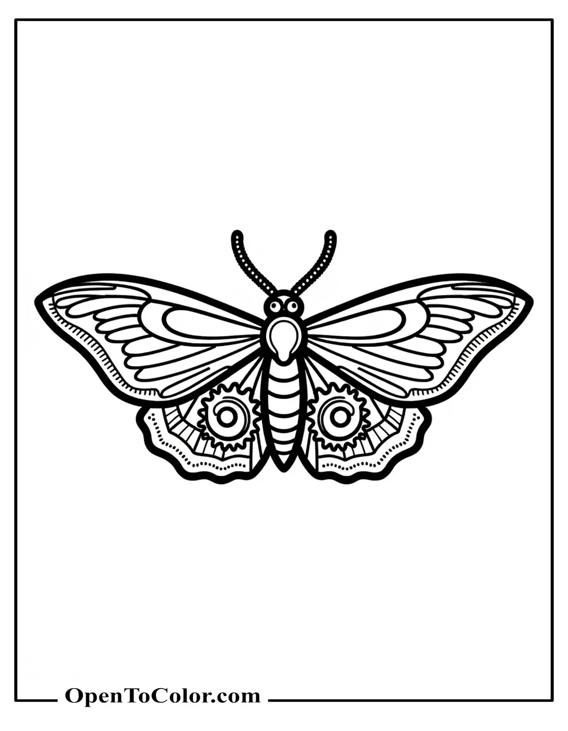 Printable Coloring Sheet of Cogwheel Moth with Gear-Shaped Wing Sections