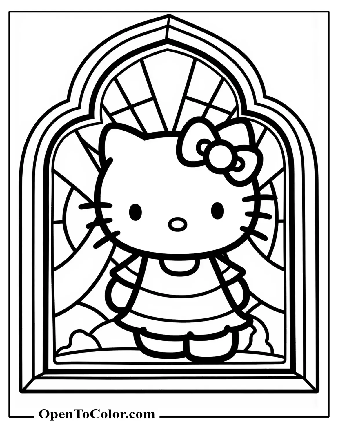Hello Kitty depicted as stained-glass window coloring page with thick lead lines dividing vibrant panels, printable.