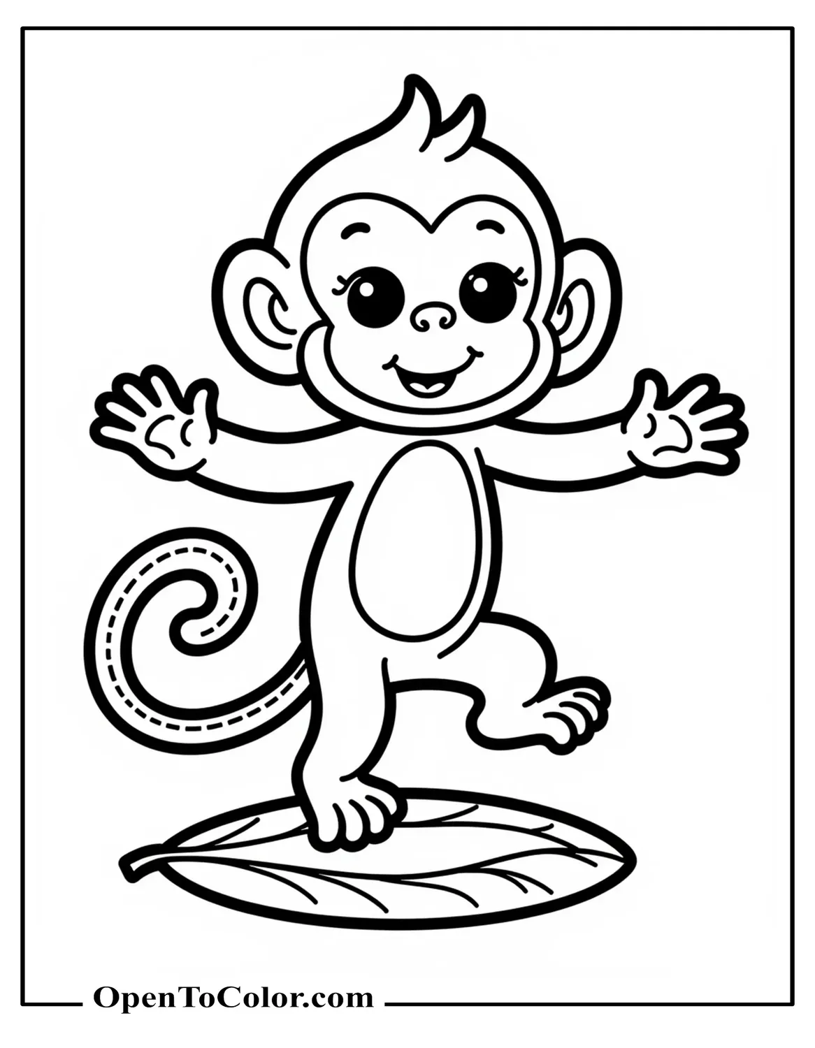 Free Coloring Page of a Cute Cartoon Monkey Dancing on a Leaf
